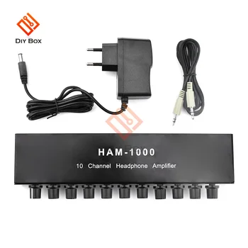 10-Канален мини-усилвател за слушалки HAM-1000, компактен стереоусилитель на звука с адаптер на захранване, многоканален аудиоразветвитель