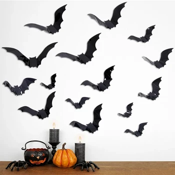 12 бр., 3D стикери за стена под формата на черен прилеп за Хелоуин, свалящ се стикер 