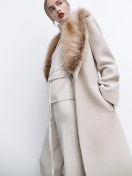 arlenesain 2023 ново дамско дълго палто от кашмир в бежов цвят по поръчка с много козина, златни лисици