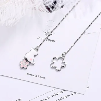 KOFSAC Красиви асиметрични обеци от сребро проба 925, бижута за момичета, розова череша, дълги обеци с котка, женски подаръци за годишнина