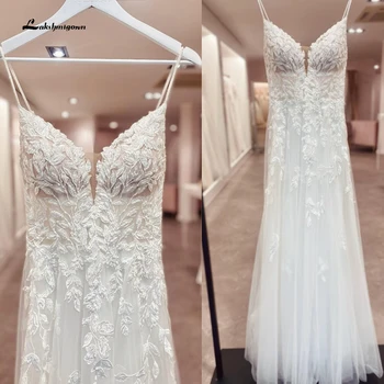 Lakshmigown трапецовидна форма с тънки спагети презрамки, меки тюлевые сватбени рокли с аппликацией от мъниста, панделка, сватбена рокля за булката 2022