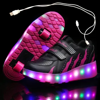 USB зареждане, две колела, светещите маратонки, обувки за ролери с led подсветка, детски обувки с led подсветка, обувки за момчета и момичета, 28-43
