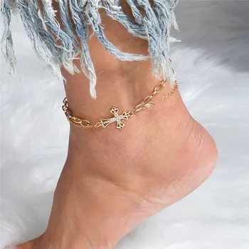 Гривна с кръст от кристали готически златен цвят за жени, бижута за крака, летен плажен секси жена гривна на глезена бос