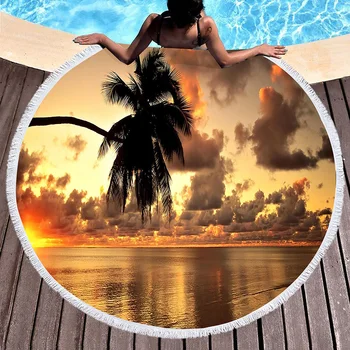 Гъст кръгло плажна кърпа с шарени хавайски палми на залез слънце, с кръгло быстросохнущее плажна кърпа, улично одеяло, плажен декор