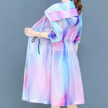Дамска блуза, летни свободни блейзери рейнбоу на цвят, с дълъг ръкав, палто с цип, дълго кимоно с качулка, дамски потници, слънчеви върхове A441