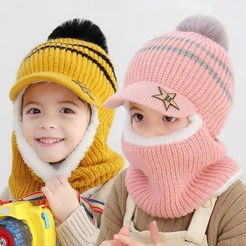 Детска зимна шапка-бини за малки момичета и момчета, бейзболни шапки с топла руното подплата за деца