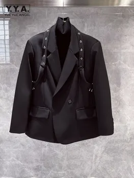 Дизайнерски случайни мъжки костюм в готически стил, яке с дълъг ръкав, черен блейзър, върхове, градинска дрехи, отложной яка, Без приятелка, модни палта, мъжки