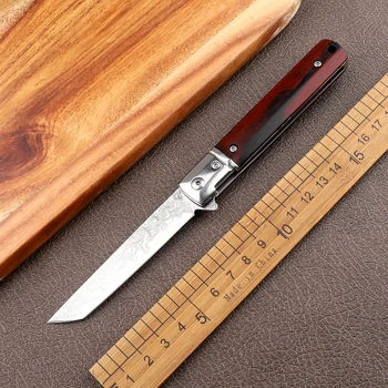 Дървена дръжка от дамасской стомана; остър походный ловен многофункционален портативен сгъваем нож за самозащита; EDC инструмент