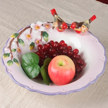 Европейската керамична ваза за плодове, китайски 3D държач за плодове с цветя и птици, масичка за кафе, чинийка за бонбони, мезета, десерт, чиния за декорация на дома