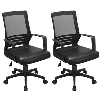 Ергономичен офис стол Easyfashion със средна облегалка и седалка от изкуствена кожа, комплект от 2 теми, черен