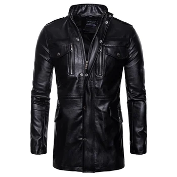 Есен нова кожено яке със средна дължина, с яка издържа и четири джоба, мотоциклетът кожено яке