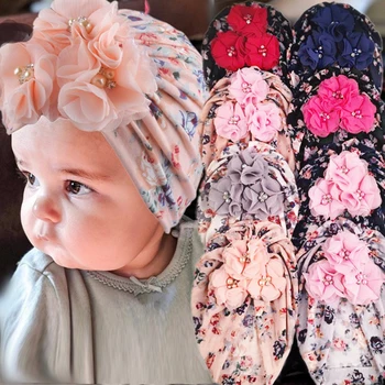 Есенна детска шапчица с цветя, перли, тюрбан с флорални принтом, шапчица за новородено, меки еластични шапка за момичета и момчета