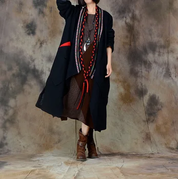 Жена есенно-зимния ретро-вълнена палта, връхни дрехи, винтажное палто, свободно дълга козина, женски лоскутный тренч