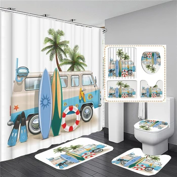 Завеса за душ с принтом плажната дъски за сърф в скандинавски стил, водоустойчив завеса за баня, Декорация на дома, нескользящие подложки, комплект постелки за баня