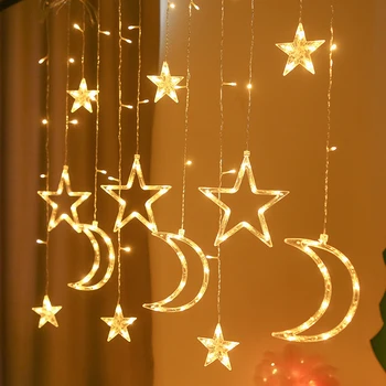 Звездата на Луната led Завеса Венец струнен лампа Фестивал Празнична гирлянда фея Ейд Мубарак Завеса, Домашен Ислям, мюсюлманското събитие парти деко
