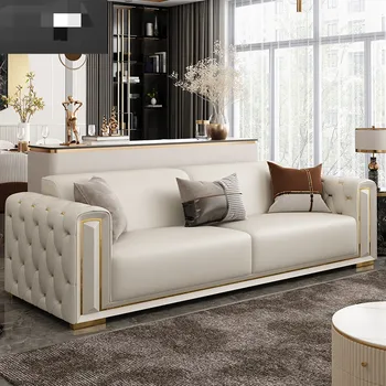 Италиански лесен луксозен кожен диван в комбинация с метална катарама, семеен размер, лукс висок клас, модерна проста и хол, пряка редица