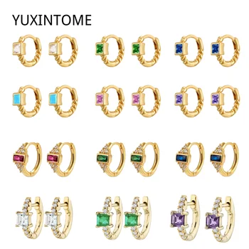 Квадратни обеци от злато с цирконий, ушна игла от 925 сребро, Цветни Обеци-пръстени с кристали за жени, Модни Бижута и Аксесоари