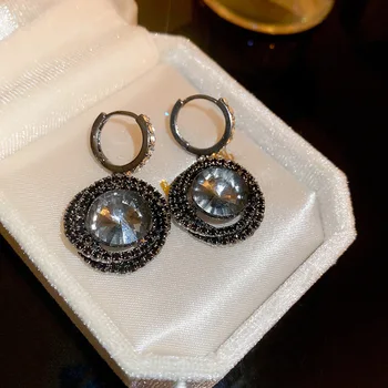 Корейски нова реколта сиви обеци-капки с кристали за жени, модни бижута, кръгли букле d ' oreille Femme Brincos с кристали