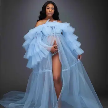 Красиви сини дълги рокли за бременни от многослойни плиссированного тюл за бременни, костюм, изработена за фотосесии на бременни, детски душ