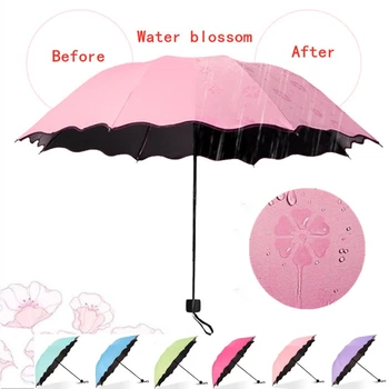 Креативен магически чадър с цъфтежа на водата, женски модерен сгъваем чадър с волани, двуслойни ветрозащитный вътрешен/външен UV-чадър