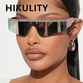 Кристална щит, с плосък покрив, Модни слънчеви очила в стил пънк, дамски слънчеви очила Y2K, Мъжки огледални очила 2000-те, планински кристал, блестящи нюанси