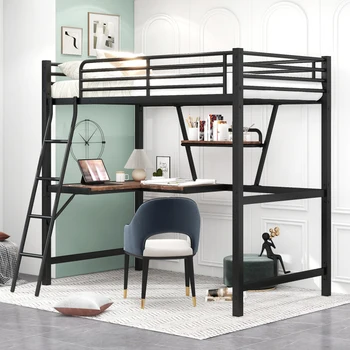 Легло в стил loft от метал и МДФ Twin Size с маса и средния рафт, черна