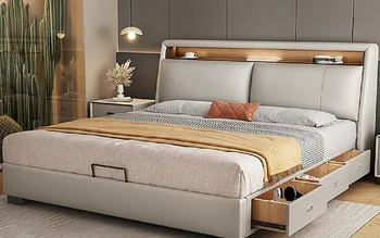 Легло от естествена кожа, лесно лукс, модерна и лесна складово помещение в основната спалня, двойно легло, 1,8-метрова кожена художествена легло