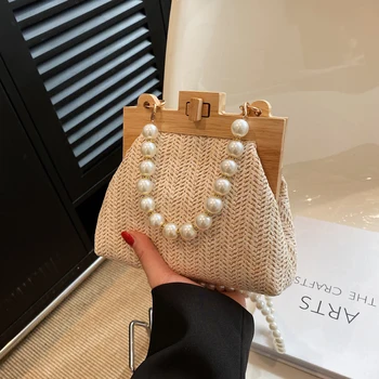Лятна нова сламена чанта с дървен замък, Модерна чанта на перлената веригата, Плажна чанта за почивка на море, женствена чанта през рамо