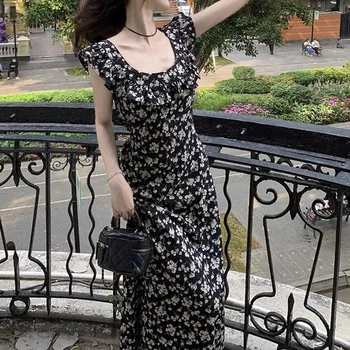 Лято 2023, Ново висококачествено черна рокля с принтом, женствена рокля midi трапецовидна форма, подчеркивающее талия, рокли с флорални принтом