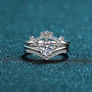 Мил женски комплект пръстени с бял кристал, класически сребърен отворено годежен пръстен, чаровна, crown, кръгли годежни пръстени с цирконием за жени