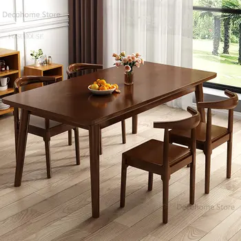 Модерни минималистичные правоъгълни маси, цвят орех, маса за хранене и столове от масивно дърво, мебели за трапезария в скандинавски стил за дома