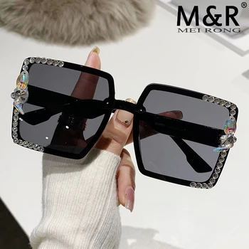 Модни нови дамски квадратни слънчеви очила, персонални рамки за очила с диаманти ръчно изработени, реколта градиентные широки очила с UV400