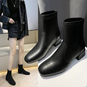 Модни нови черни есенно-зимни обувки, слипоны, топли плюшени ботуши до средата на прасците, дамски обувки-големи размери, дамски обувки за шиене в стил мозайка за ниска пета