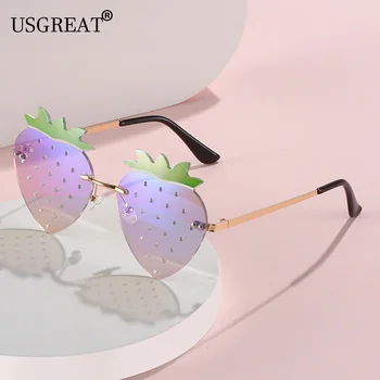Модни слънчеви очила клубничной форма за жени, мъже, слънчеви очила в ярки цветове без рамки, вечерни, абитуриентски, Хелоуин, Коледа очила с UV400