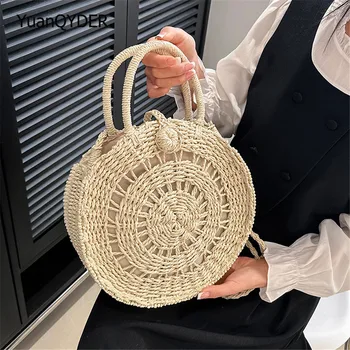 Нова Мода кръгла сламена чанта, дамска лятна чанта през рамо от ратан, тканая чанта ръчна изработка, призвание, плажен кръг, Артистична чанта