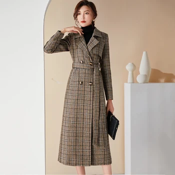 Ново дамско палто от смесовой вълна в утайка от клетката, пролет-есен, модерен елегантен костюм с двубортным яка, тънка вълна палто дълго