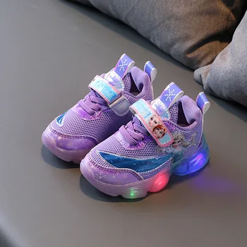 Обувки за момичета Disney; дишаща детски спортни обувки с led подсветка; детски ежедневни обувки подметка; в розово-лилави обувки; Размер на 21-30