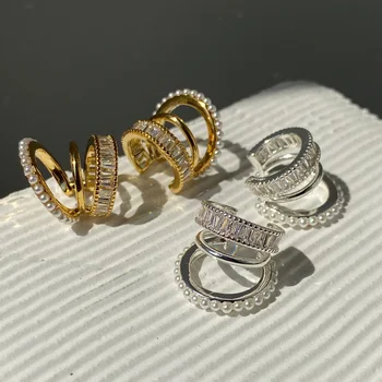 Перлени копчета за уши Елегантни многопластови С-образни кристали, малки обеци-клипове за уши за жени, луксозни сватбени украса в Деня на Св. Валентин