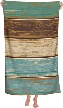 Плажна кърпа с дървена дъска, мека селски шал в бирюзово-зелена ивица, ретро Состаренный навес, омбре, една зърно, Бързосъхнеща