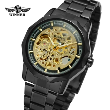 Победител мода, висок клас марка, мъжки спортни механични часовници от напълно златен стомана, ежедневни мъжки автоматичен часовник с виртуален скелет, черен корпус Reloj Hombre