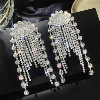 Преувеличени прозрачни кристални U-образни обици с дълги пискюли за жени, ефектни бижута, висящи обеци с кристали, сватбени