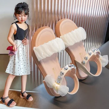 Сандали с отворени пръсти за момичета; новост лятото 2023 г., а голяма детски обувки в стил принцеса; обувки за изяви на мека подметка