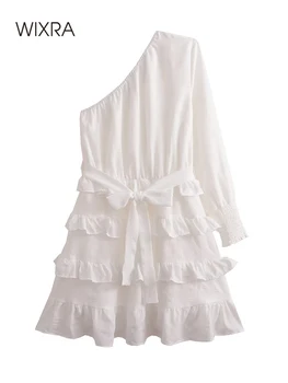 Секси мини рокля Wixra с колан, накъдрен с открити рамене, однотонное женствена рокля с едно рамо, жените празнична летни дрехи