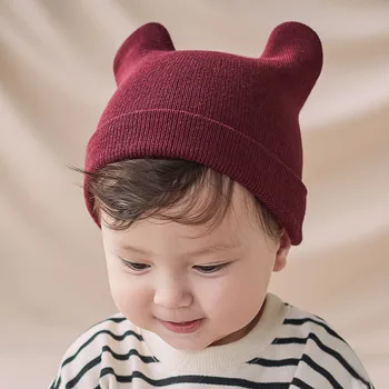 Скъпа однотонная детска шапка с уши, есен-зима, топло бебешко вязаная капачка за малки момичета и момчета, мека шапка за деца, подпори за фотосесия