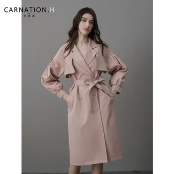 Сладка Розова Ветровка Жена на средна дължина 2023, Ново Пролет-есен палто с ръкави-фенерчета, Подобрен дизайн